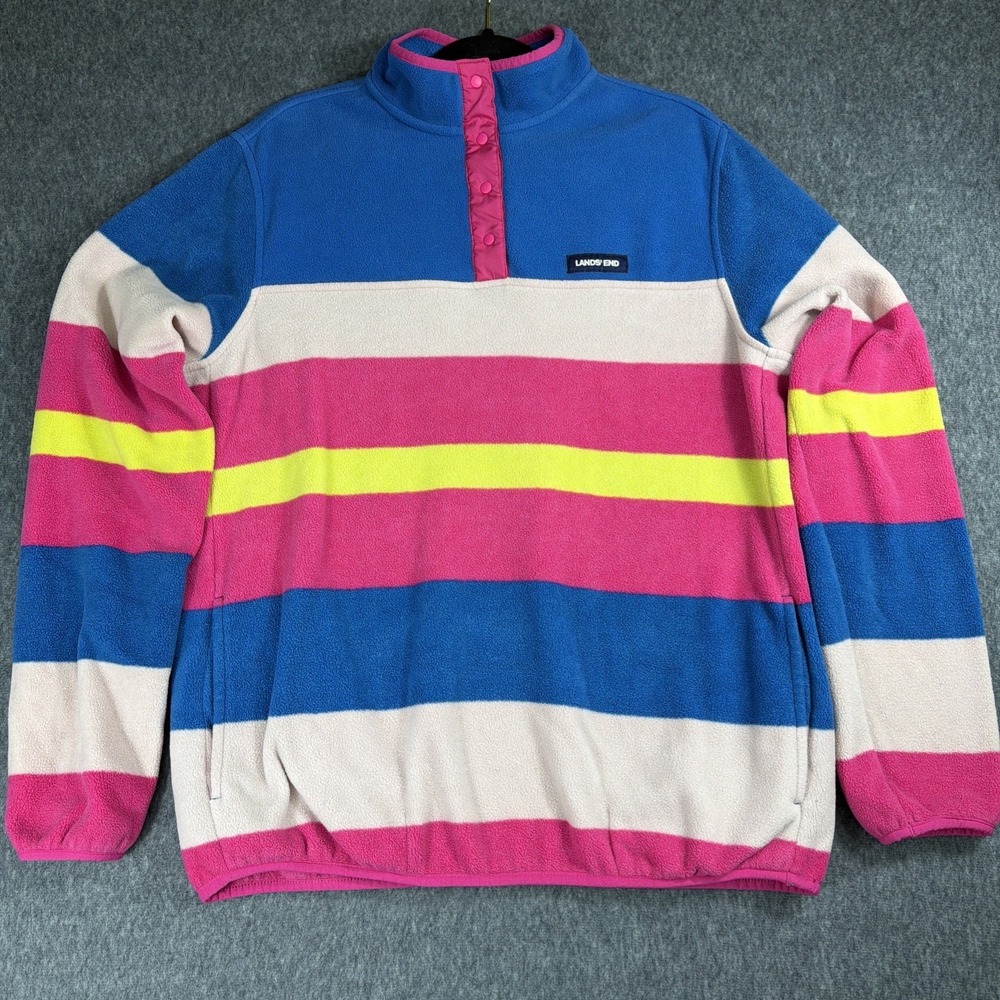 Lands End‎ Sweater Womens L Heritage Fleece Blue Pink Pullover Striped